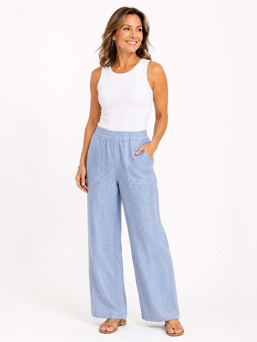 NWT Chico’s Linen Pants Size 0 Blue White Stripe Pull On Wide Leg Coastal Resort